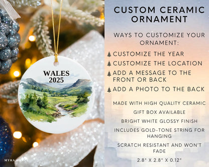 Custom Wales Cymru ceramic photo ornament with personalized message – handmade Christmas bauble, gift souvenir, or vacation keepsake. Infographic