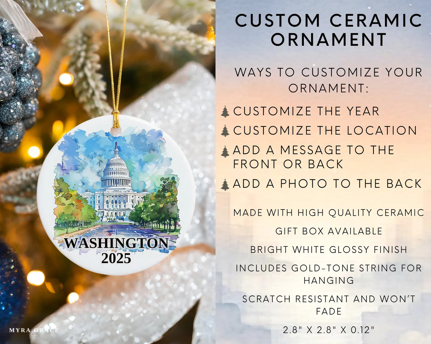 Custom Washington DC ceramic photo ornament with personalized message – handmade Christmas bauble, gift souvenir, or vacation keepsake. Infographic