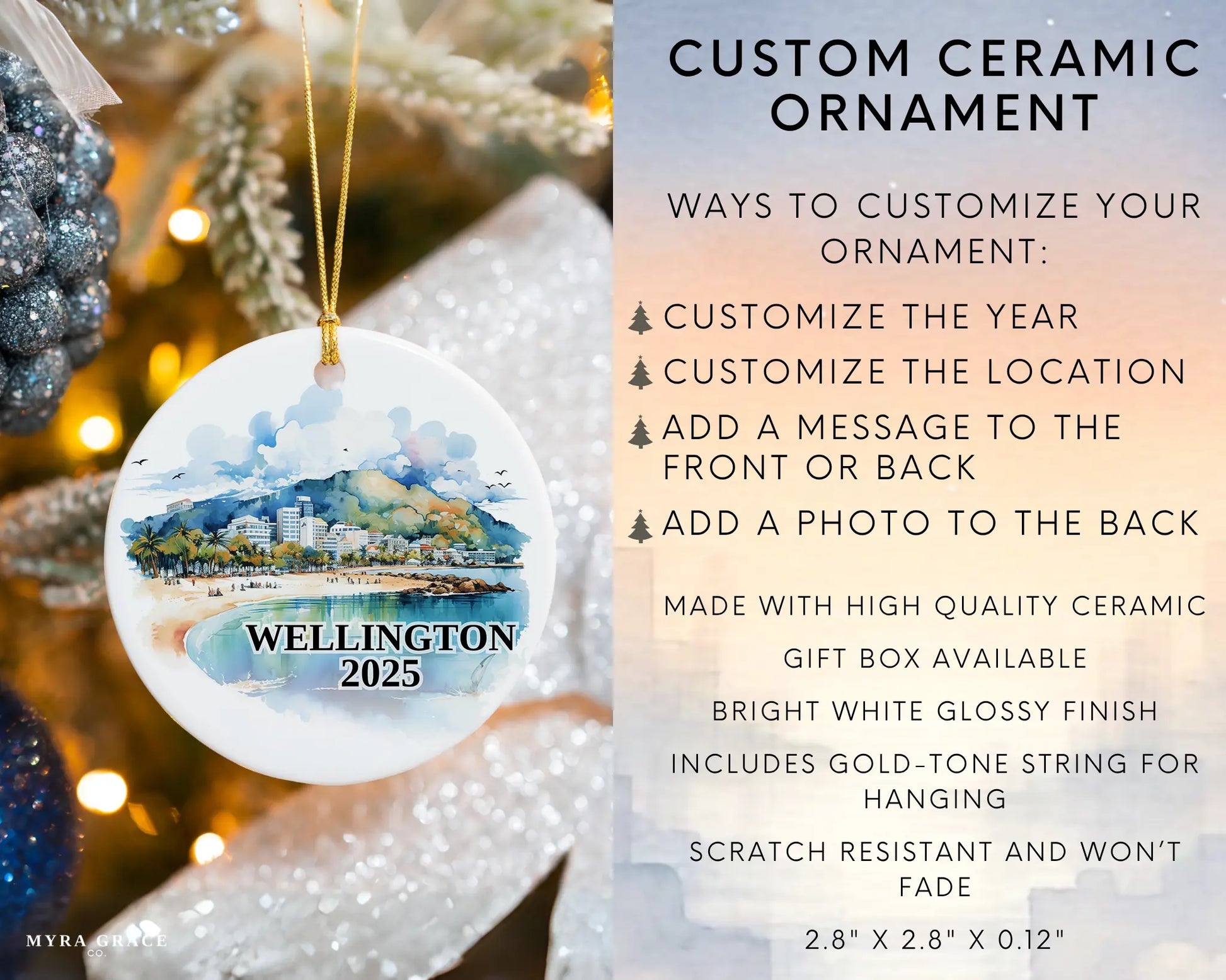 Custom Wellington New Zealand ceramic photo ornament with personalized message – handmade Christmas bauble, gift souvenir, or vacation keepsake. Infographic