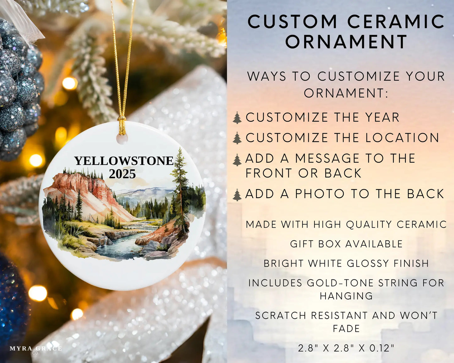 Custom Yellowstone National Park ceramic photo ornament with personalized message – handmade Christmas bauble, gift souvenir, or vacation keepsake. Infographic