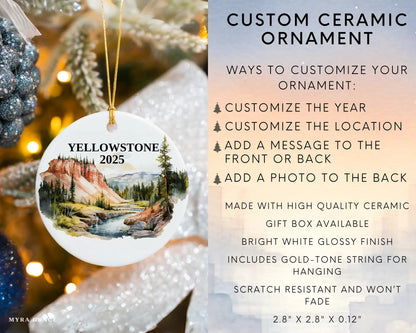 Custom Yellowstone National Park ceramic photo ornament with personalized message – handmade Christmas bauble, gift souvenir, or vacation keepsake. Infographic