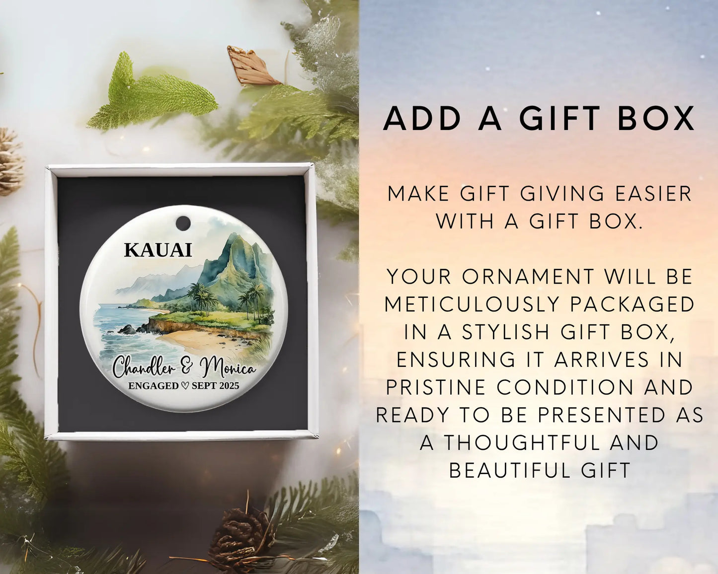 Kauai Engagement Ornament Custom Gift Souvenir Bauble Present. Add Gift Box