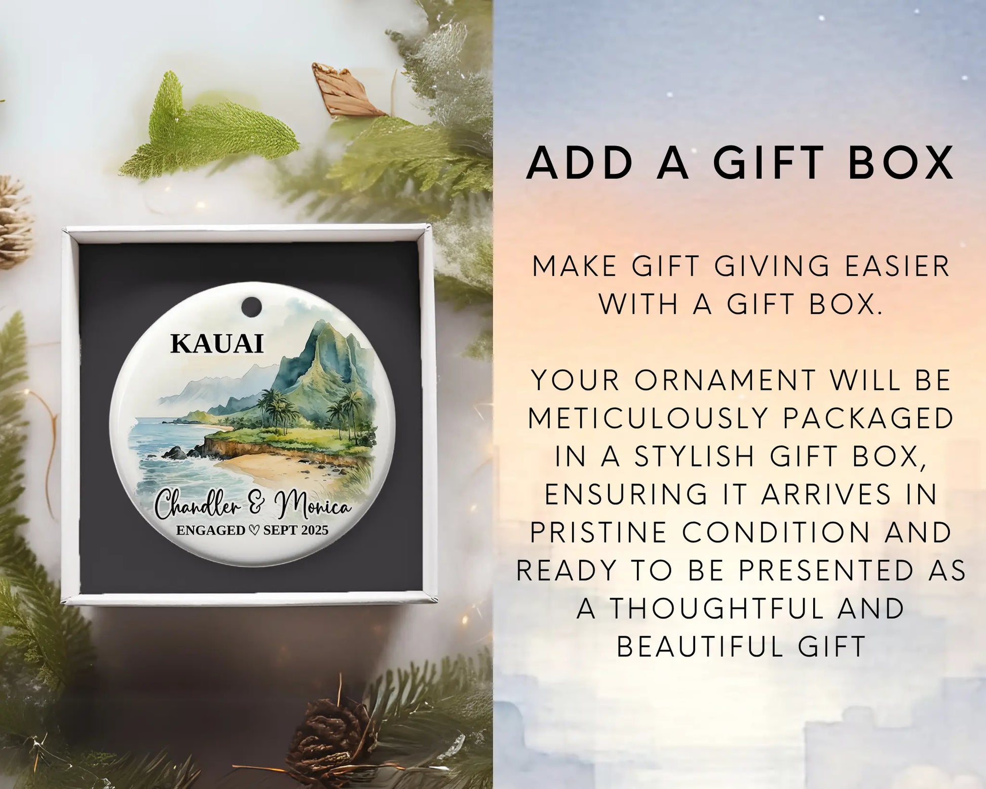 Kauai Engagement Ornament Custom Gift Souvenir Bauble Present. Add Gift Box