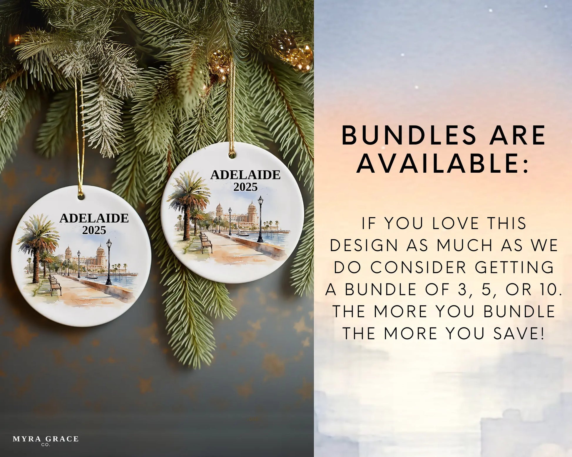 Adelaide Australia Custom ceramic photo ornament with personalized message – handmade Christmas bauble, gift souvenir, or vacation keepsake. Bundles