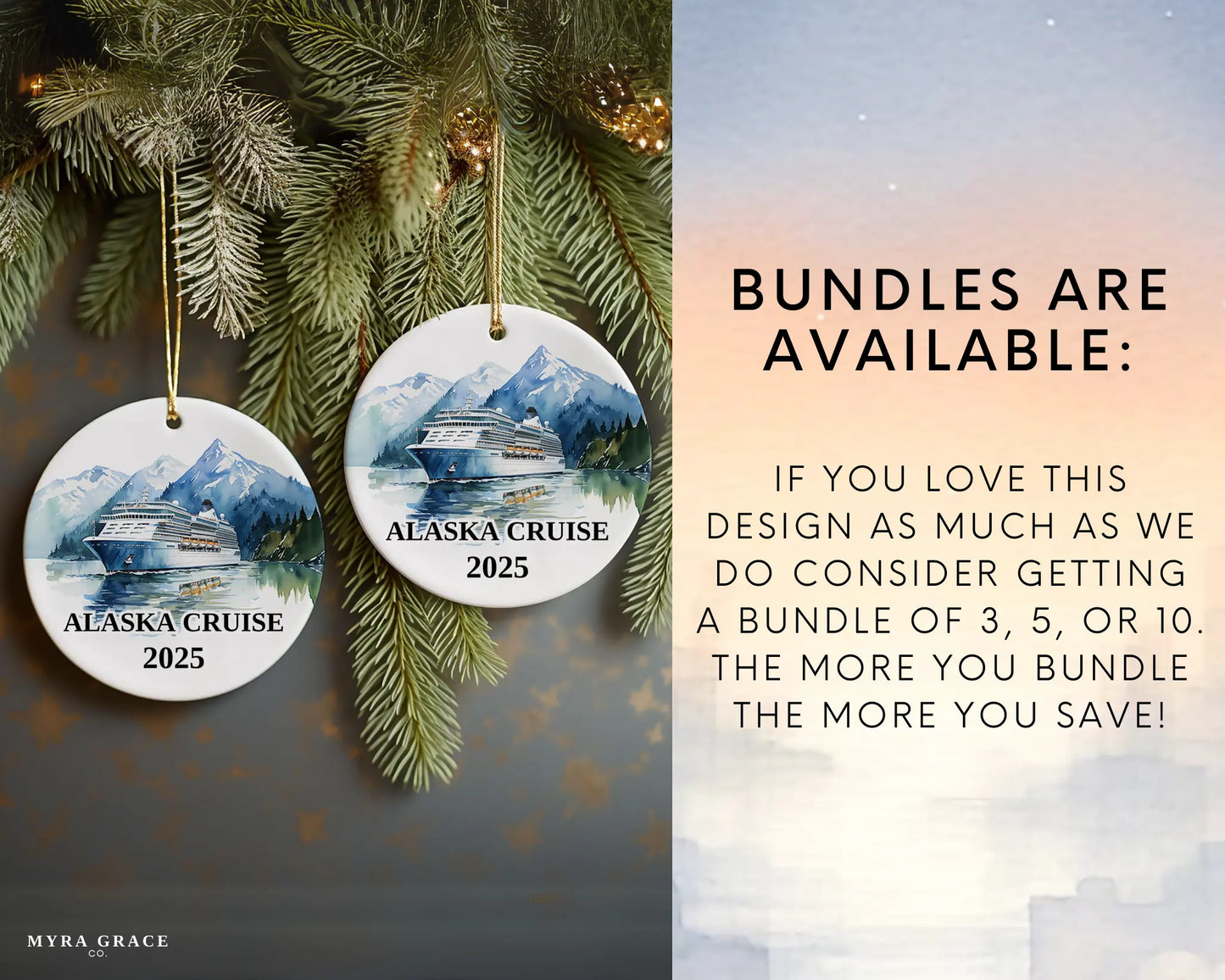 Custom Alaska ceramic photo ornament with personalized message – handmade Christmas bauble, gift souvenir, or vacation keepsake. Bundles available