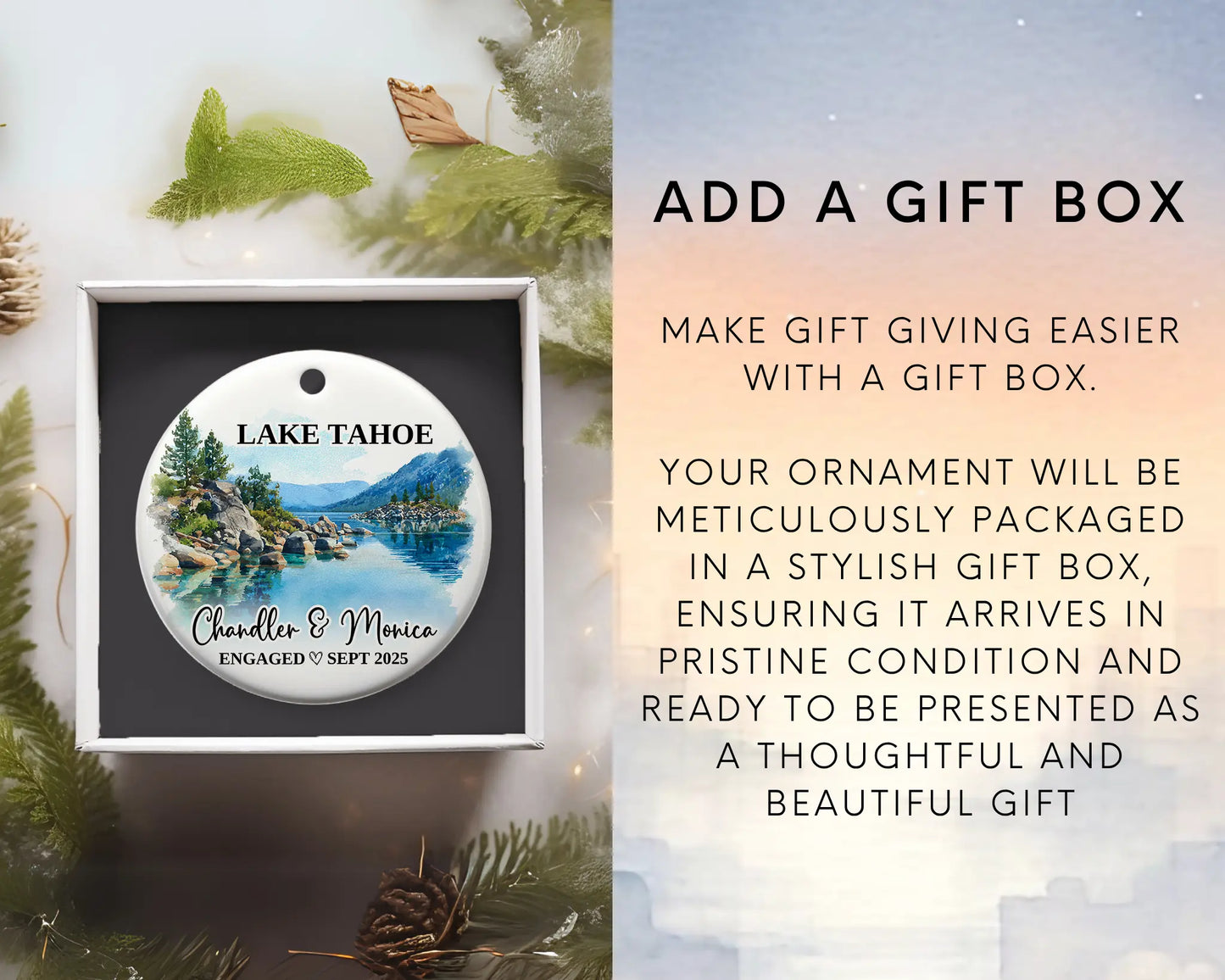 Lake Tahoe Engagement Ornament Custom Gift Souvenir Bauble Present. Add gift box