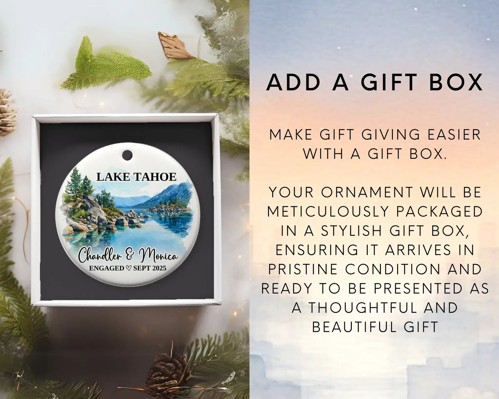 Lake Tahoe Engagement Ornament Custom Gift Souvenir Bauble Present. Add gift box