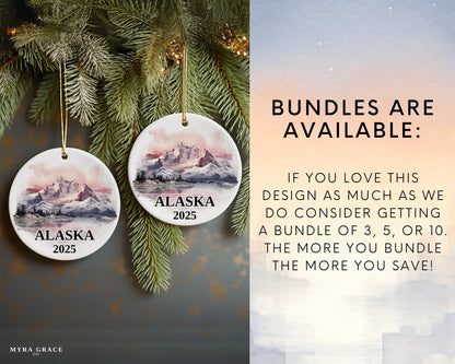 Custom Alaska ceramic photo ornament with personalized message – handmade Christmas bauble, gift souvenir, or vacation keepsake. Bundles