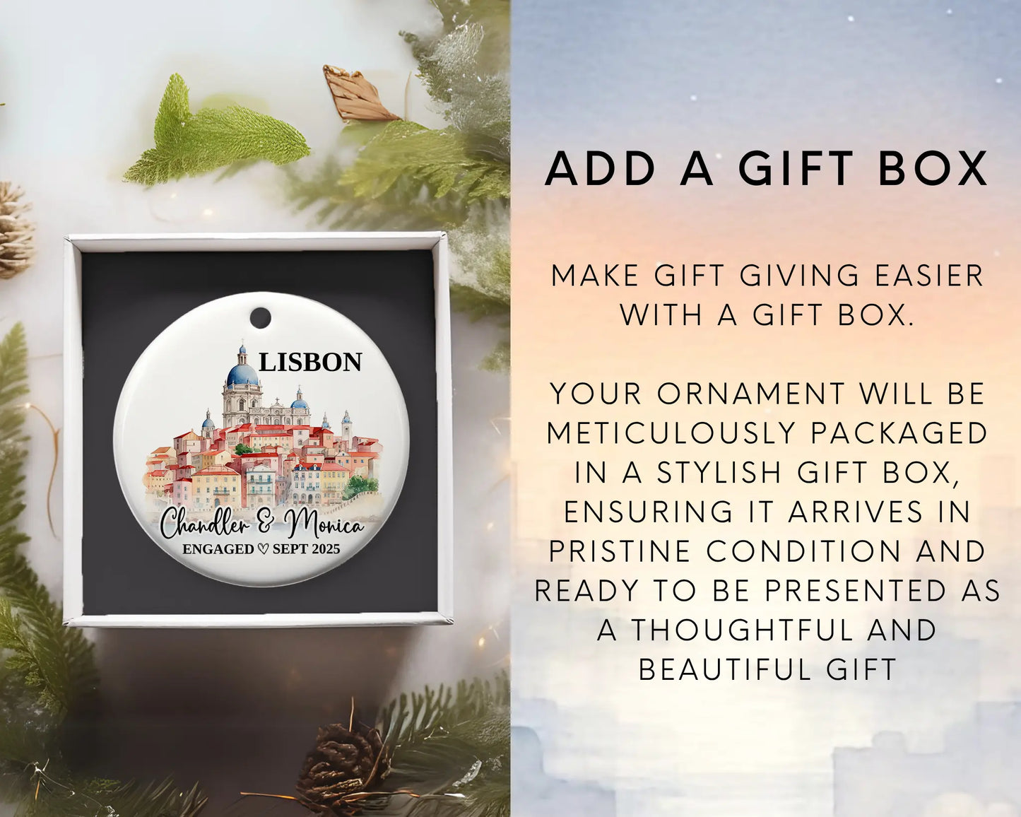 Lisbon Engagement Ornament Custom Gift Souvenir Bauble Present. Add gift box