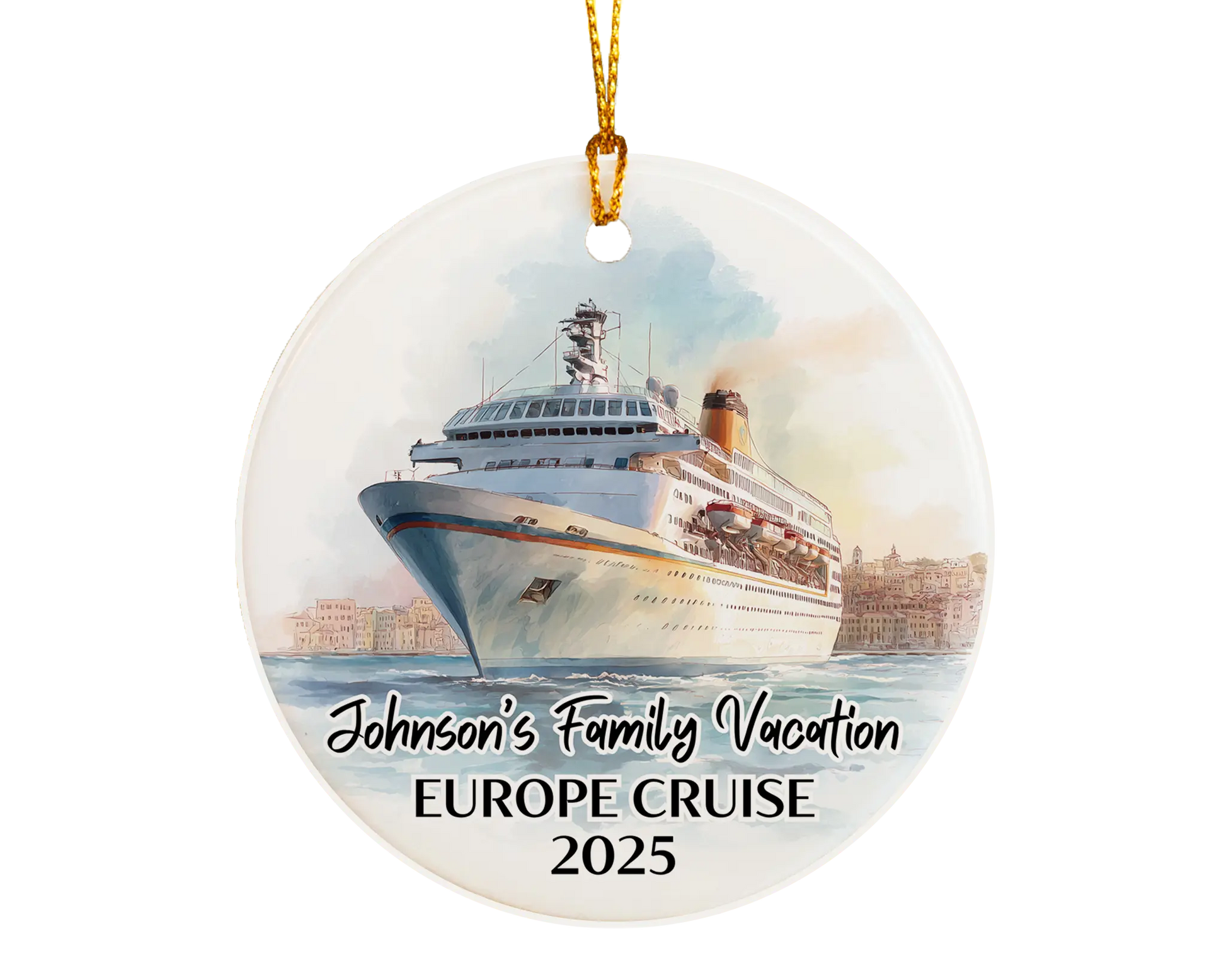 Handmade ceramic European cruise ornament with personalized location and photo – custom Christmas bauble or cruise vacation souvenir.