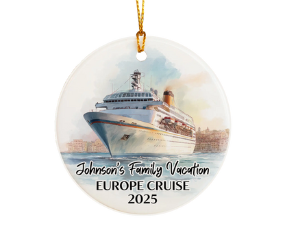 Handmade ceramic European cruise ornament with personalized location and photo – custom Christmas bauble or cruise vacation souvenir.