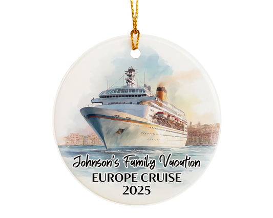 Handmade ceramic European cruise ornament with personalized location and photo – custom Christmas bauble or cruise vacation souvenir.
