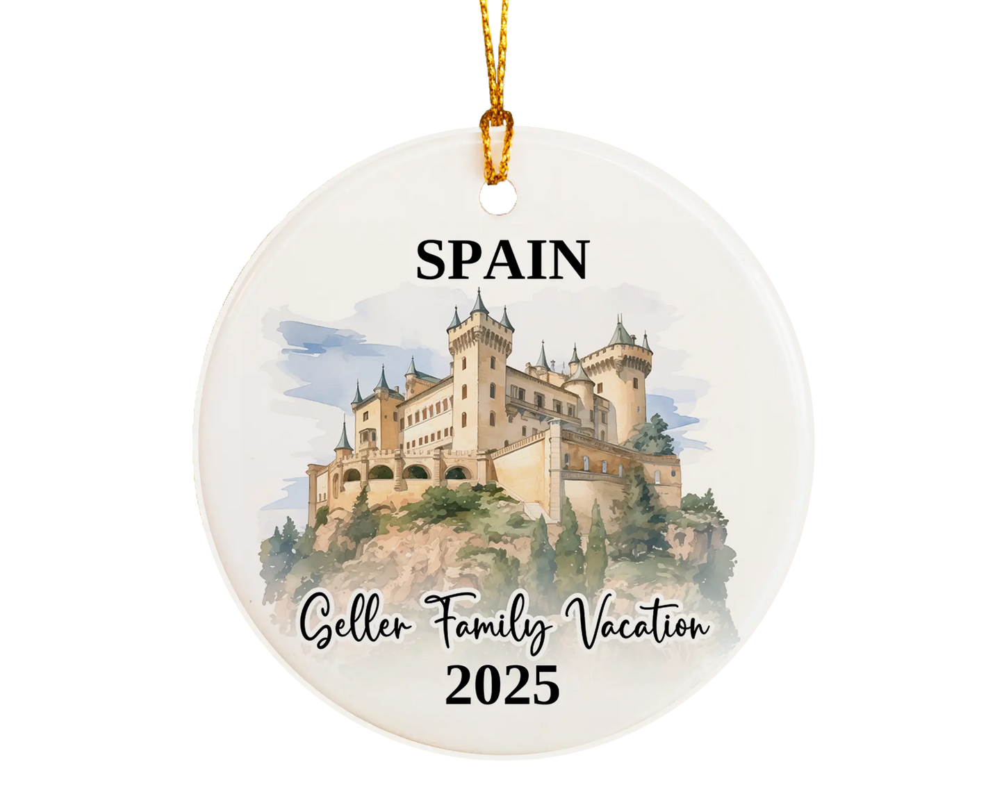 Custom vacation Spain ceramic photo ornament with personalized message – handmade Christmas bauble, gift souvenir, or vacation keepsake. 