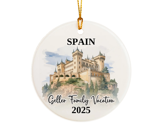Custom vacation Spain ceramic photo ornament with personalized message – handmade Christmas bauble, gift souvenir, or vacation keepsake. 