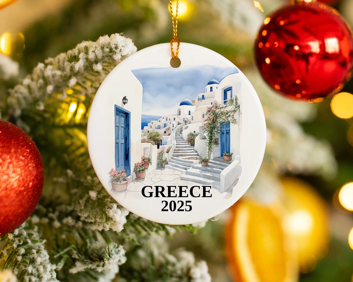 Custom Santorini Greece ceramic photo ornament with personalized message – handmade Christmas bauble, gift souvenir, or vacation keepsake.  