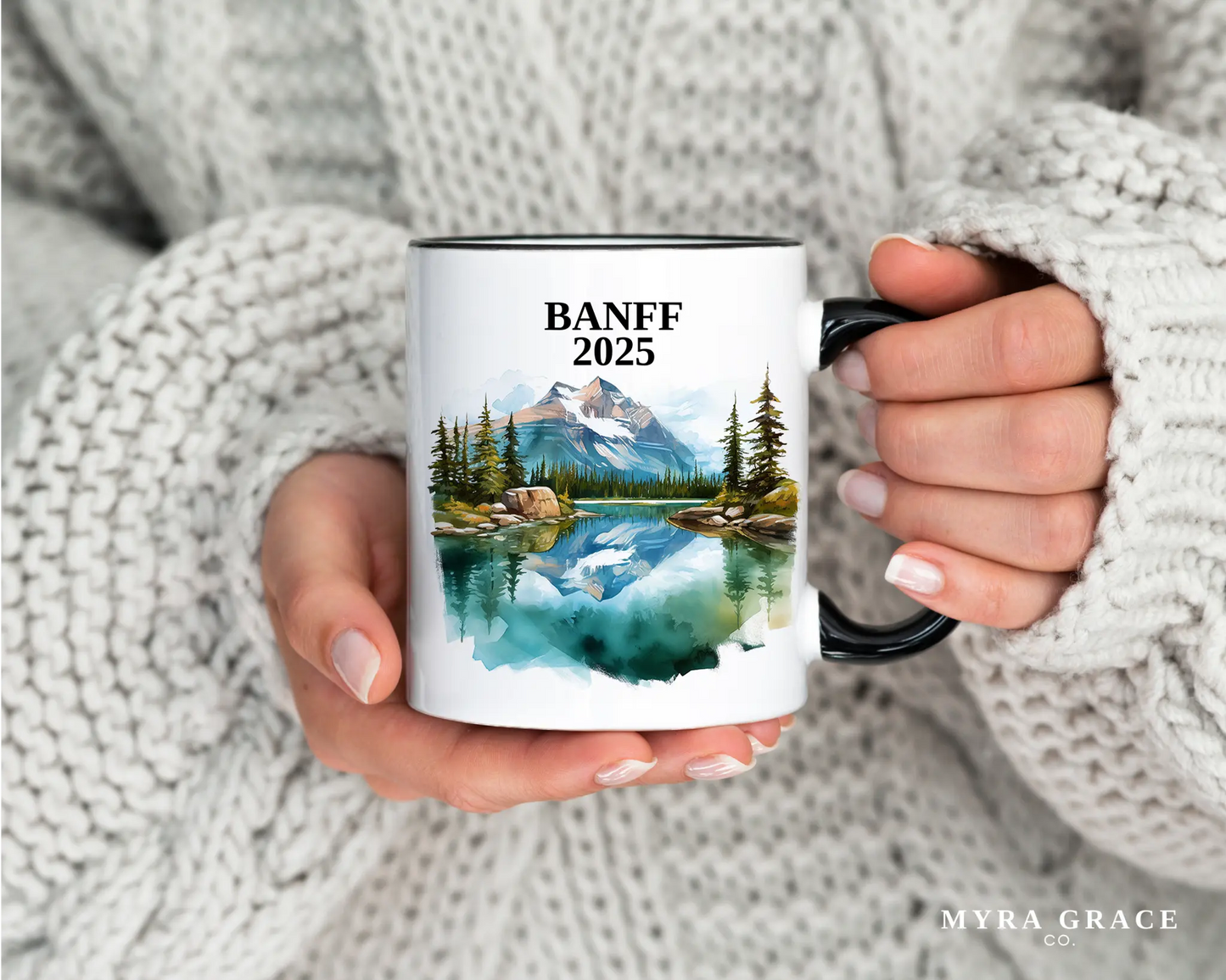 Custom ceramic Banff vacation mug with watercolor location design, date, and personal photo – personalized travel gift or photo mug. 
