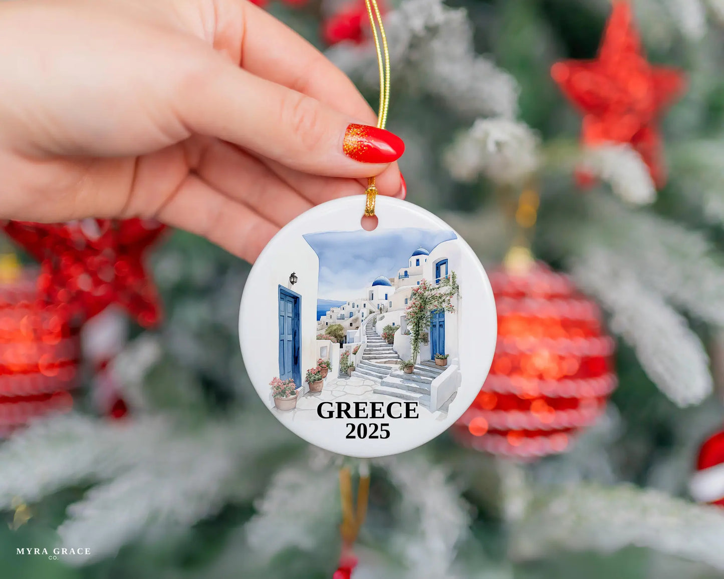 Custom Santorini Greece ceramic photo ornament with personalized message – handmade Christmas bauble, gift souvenir, or vacation keepsake.  