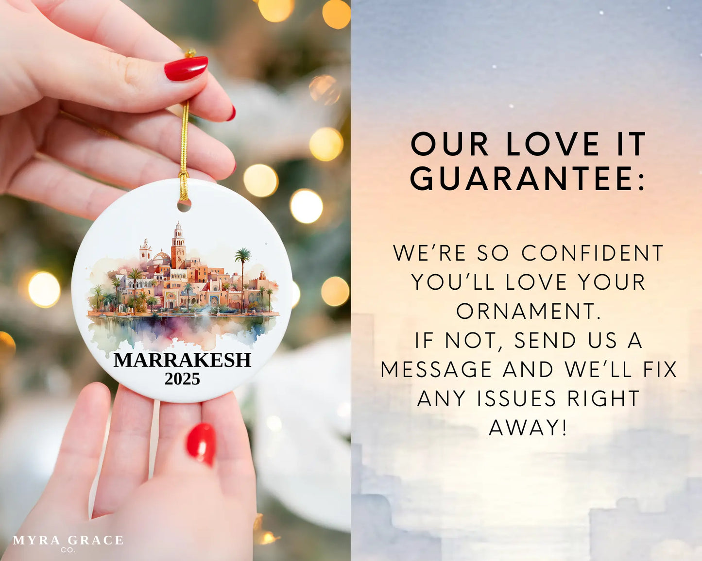 Custom Marrakesh Morocco ceramic photo ornament with personalized message – handmade Christmas bauble, gift souvenir, or vacation keepsake.  Love it guarantee