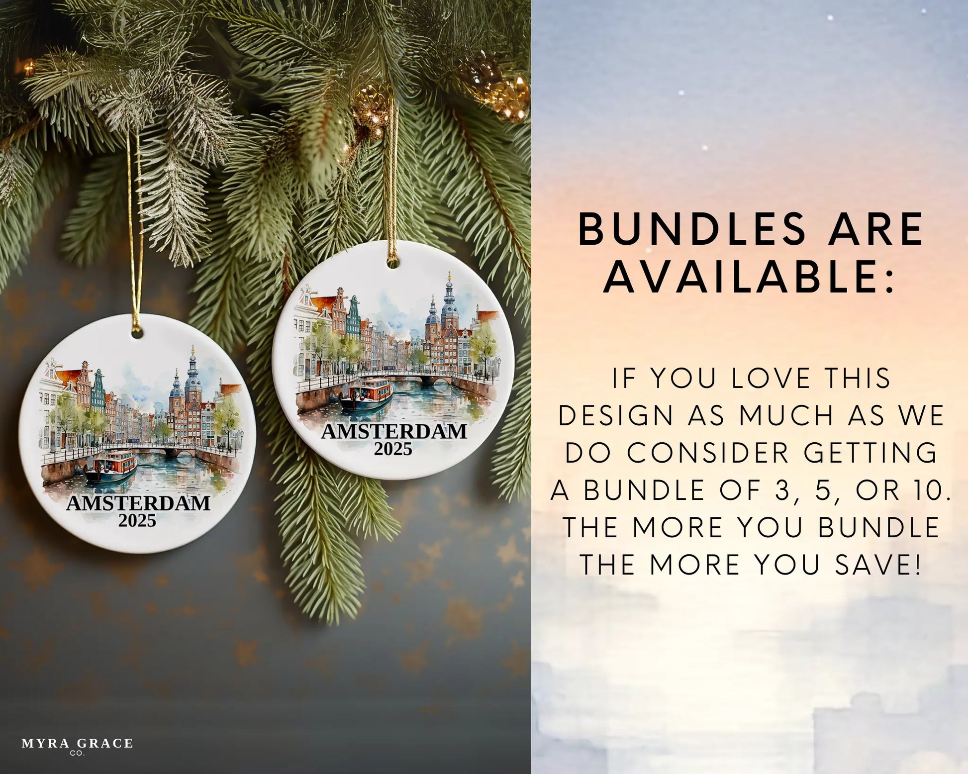 Custom Amsterdam, Netherlands ceramic photo ornament with personalized message – handmade Christmas bauble, gift souvenir, or vacation keepsake. Bundles available
