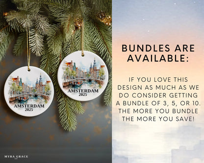 Custom Amsterdam, Netherlands ceramic photo ornament with personalized message – handmade Christmas bauble, gift souvenir, or vacation keepsake. Bundles available
