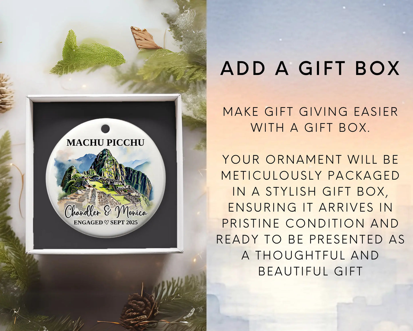 Machu Picchu Engagement Ornament Custom Gift Souvenir Bauble Present. Add gift box