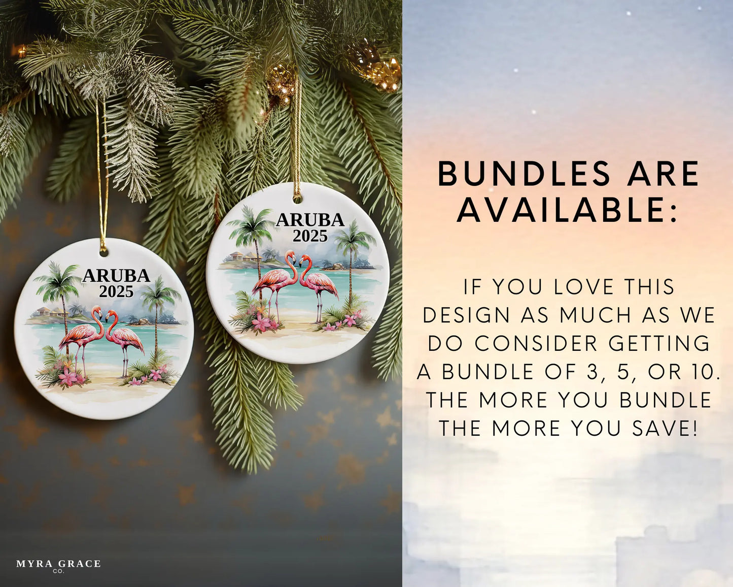 Custom Aruba ceramic photo ornament with personalized message – handmade Christmas bauble, gift souvenir, or vacation keepsake. Bundles available
