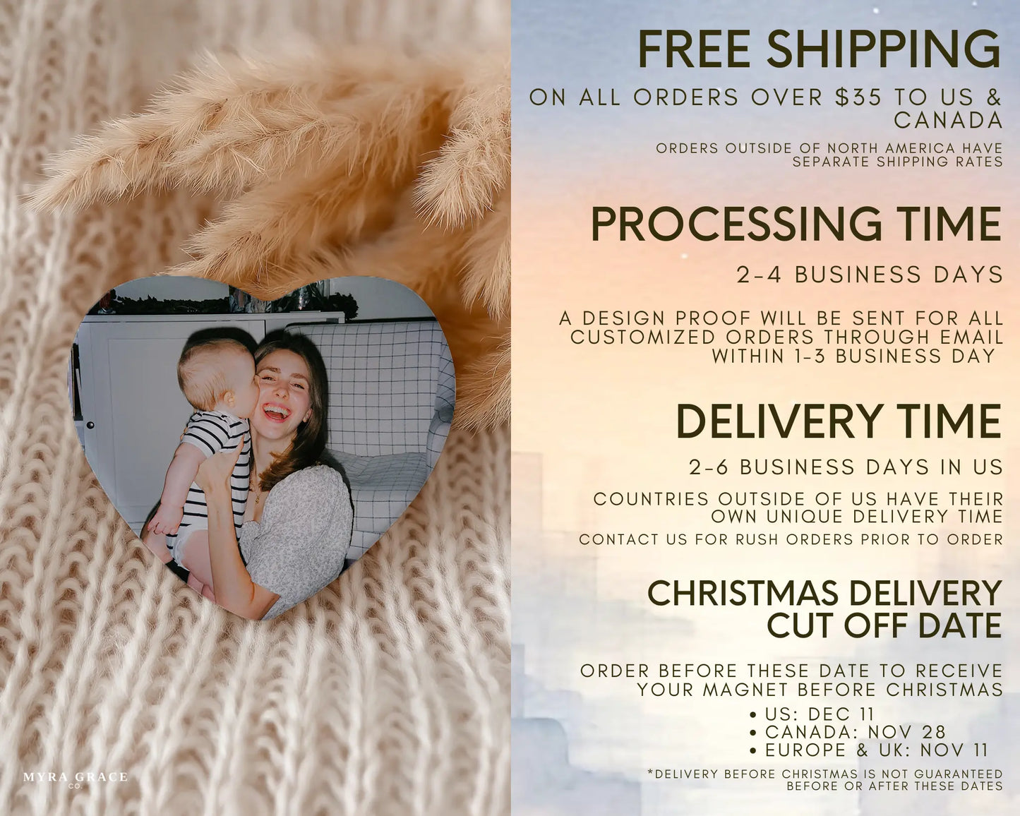 Heart-shaped custom mom ceramic photo magnet on fridge – handmade personalized gift or Christmas fridge magnet. Free shipping