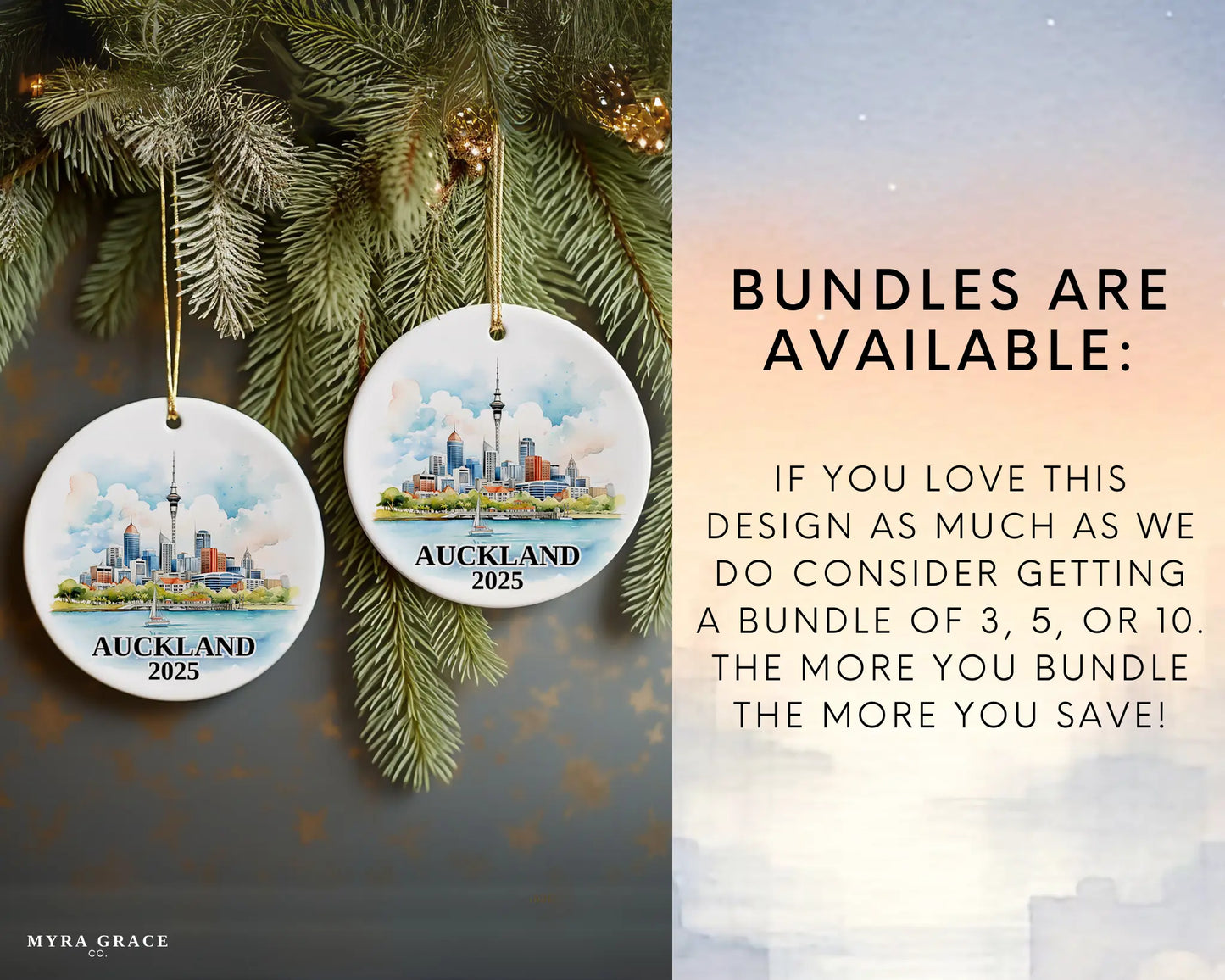 Custom Auckland, New Zealand ceramic photo ornament with personalized message – handmade Christmas bauble, gift souvenir, or vacation keepsake. Bundles available
