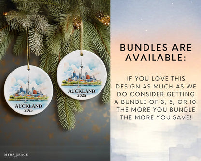 Custom Auckland, New Zealand ceramic photo ornament with personalized message – handmade Christmas bauble, gift souvenir, or vacation keepsake. Bundles available