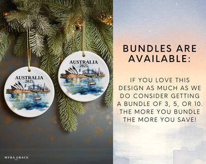 Custom Sydney, Australia ceramic photo ornament with personalized message – handmade Christmas bauble, gift souvenir, or vacation keepsake. Bundles available