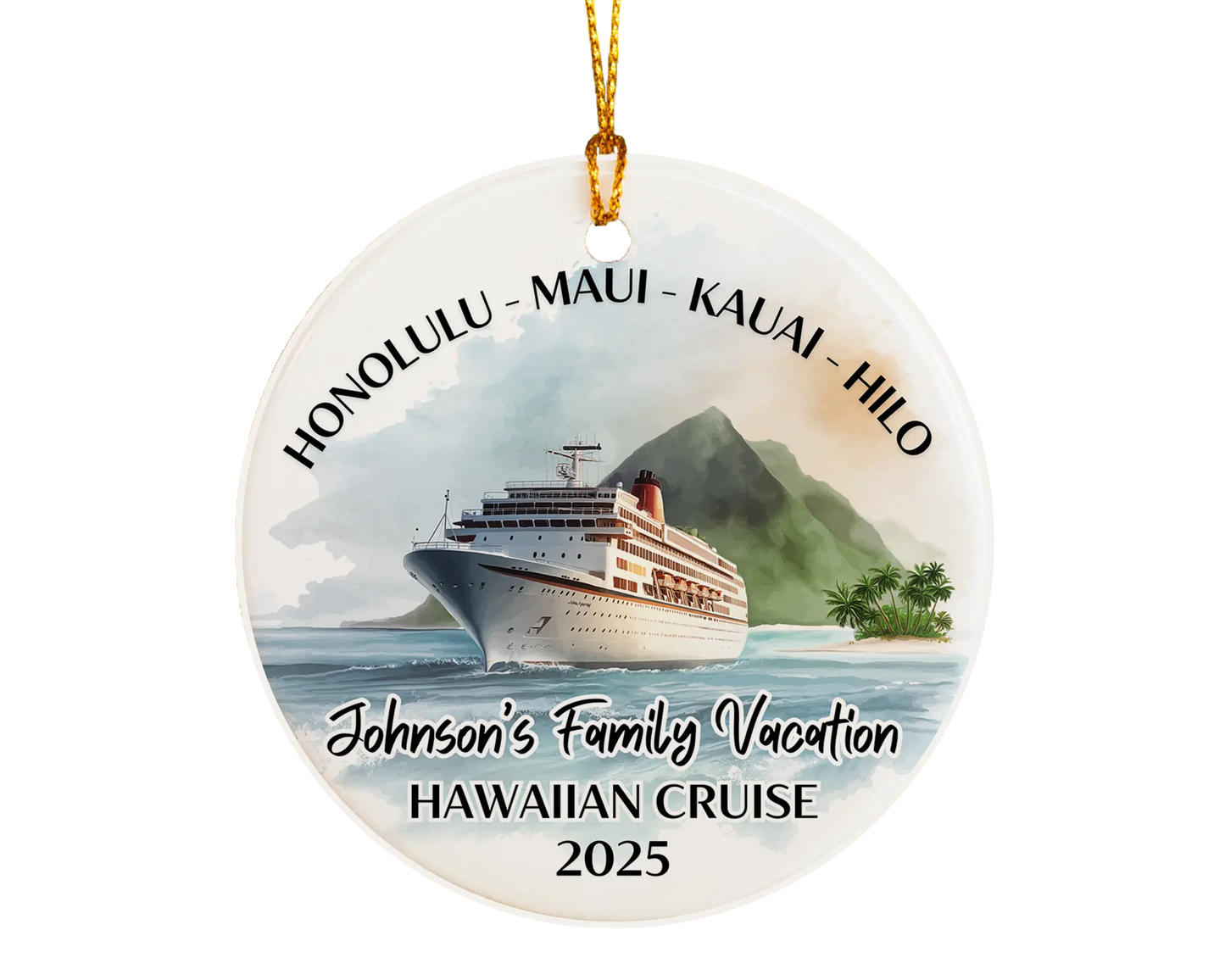 Handmade ceramic Hawaii cruise ornament with personalized location and photo – custom Christmas bauble or cruise vacation souvenir.