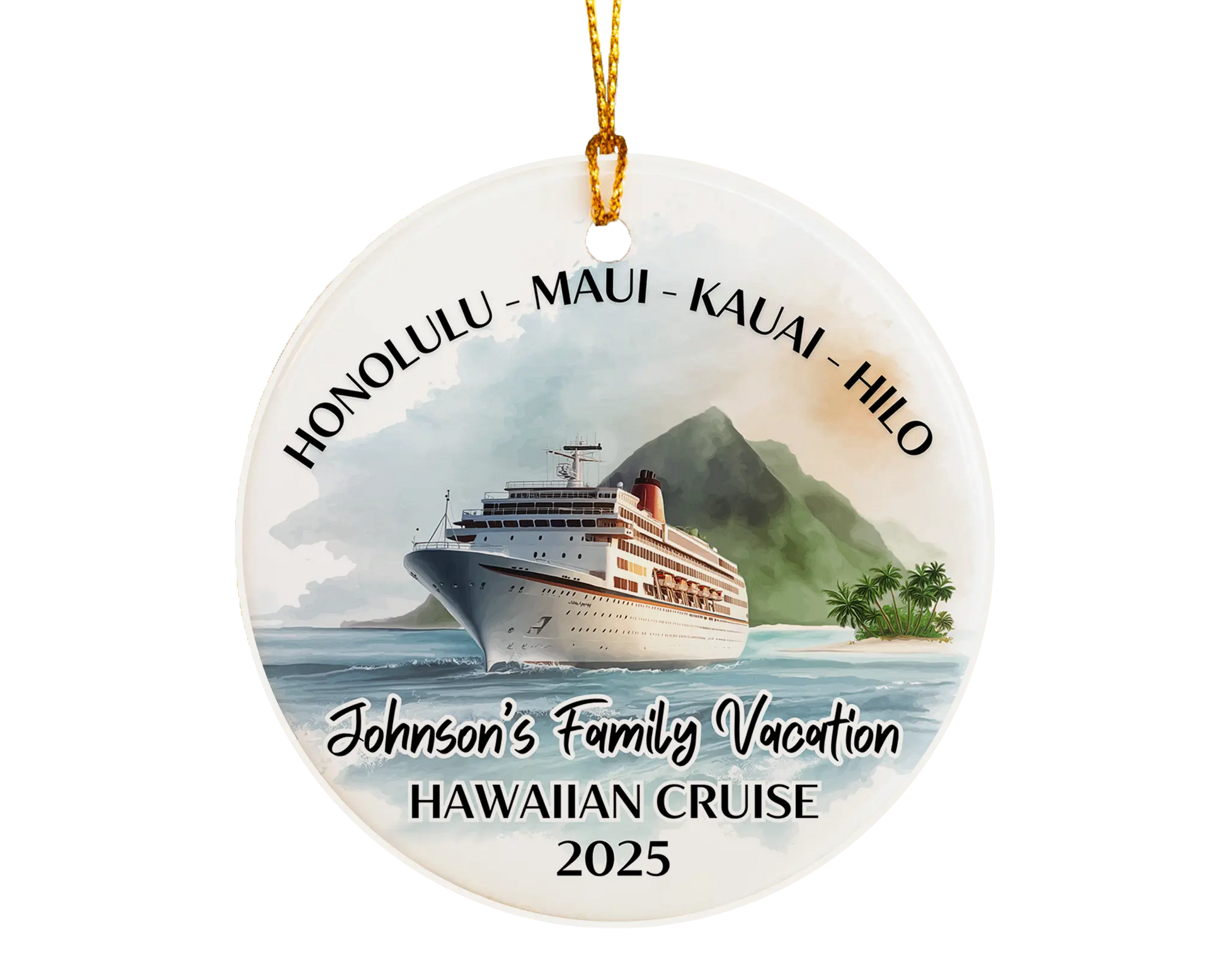Handmade ceramic Hawaii cruise ornament with personalized location and photo – custom Christmas bauble or cruise vacation souvenir.