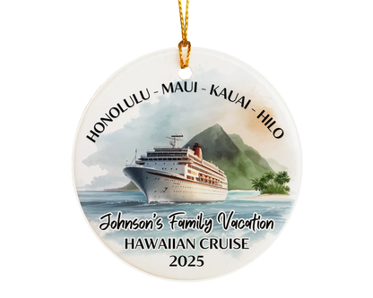 Handmade ceramic Hawaii cruise ornament with personalized location and photo – custom Christmas bauble or cruise vacation souvenir.
