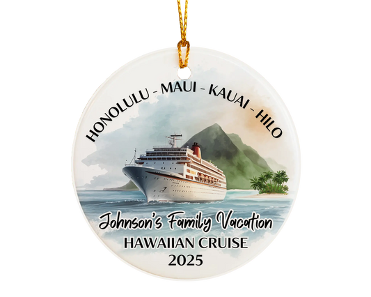 Handmade ceramic Hawaii cruise ornament with personalized location and photo – custom Christmas bauble or cruise vacation souvenir.