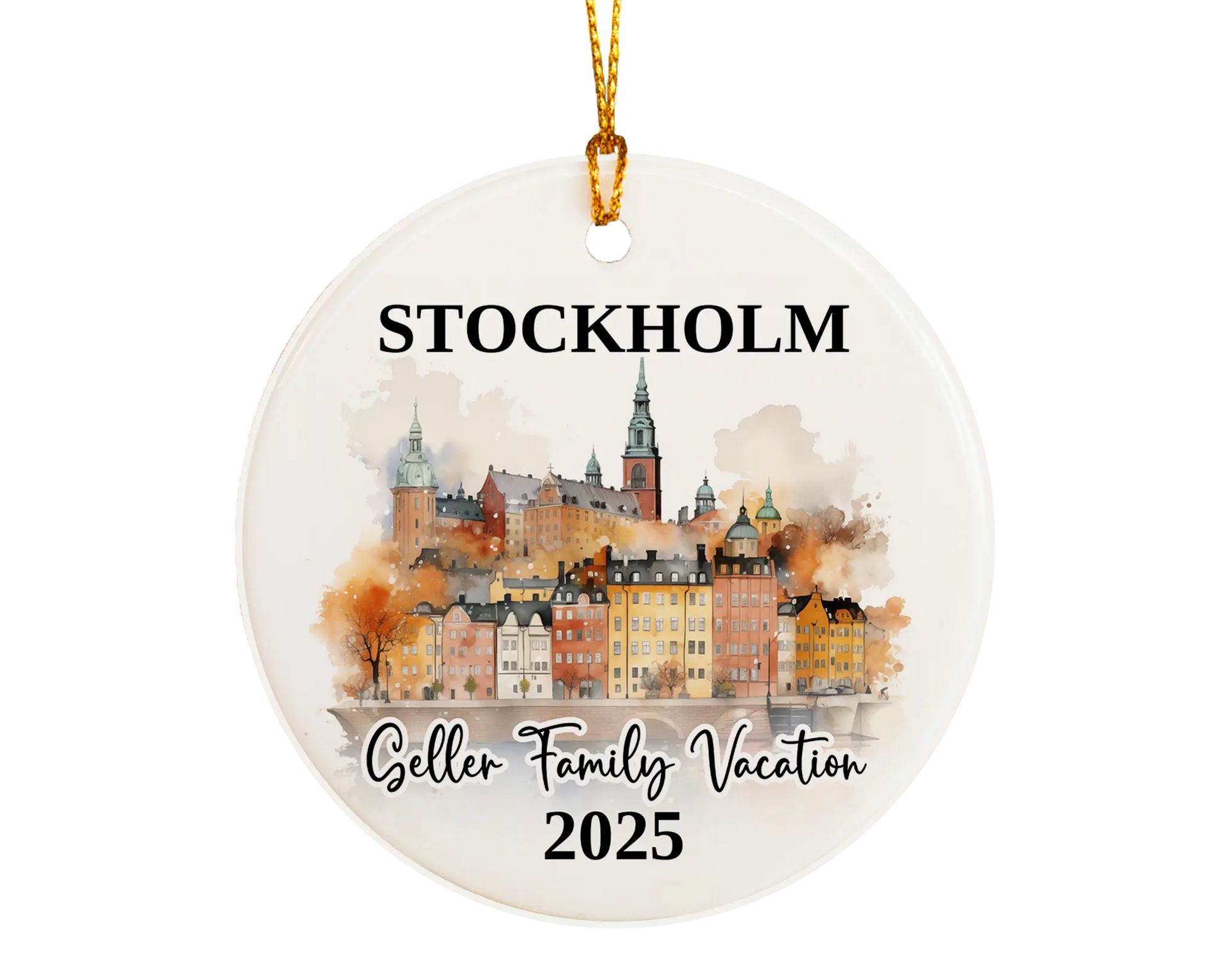 Custom vacation Stockholm ceramic photo ornament with personalized message – handmade Christmas bauble, gift souvenir, or vacation keepsake. 