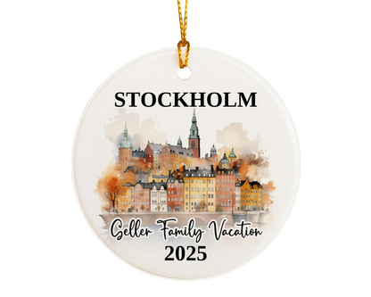 Custom vacation Stockholm ceramic photo ornament with personalized message – handmade Christmas bauble, gift souvenir, or vacation keepsake. 