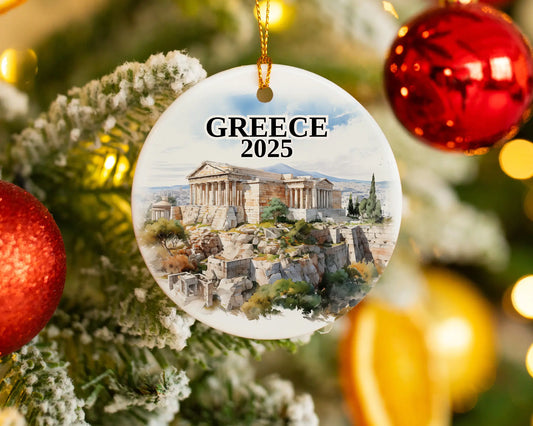 Custom Athens Greece ceramic photo ornament with personalized message – handmade Christmas bauble, gift souvenir, or vacation keepsake.  