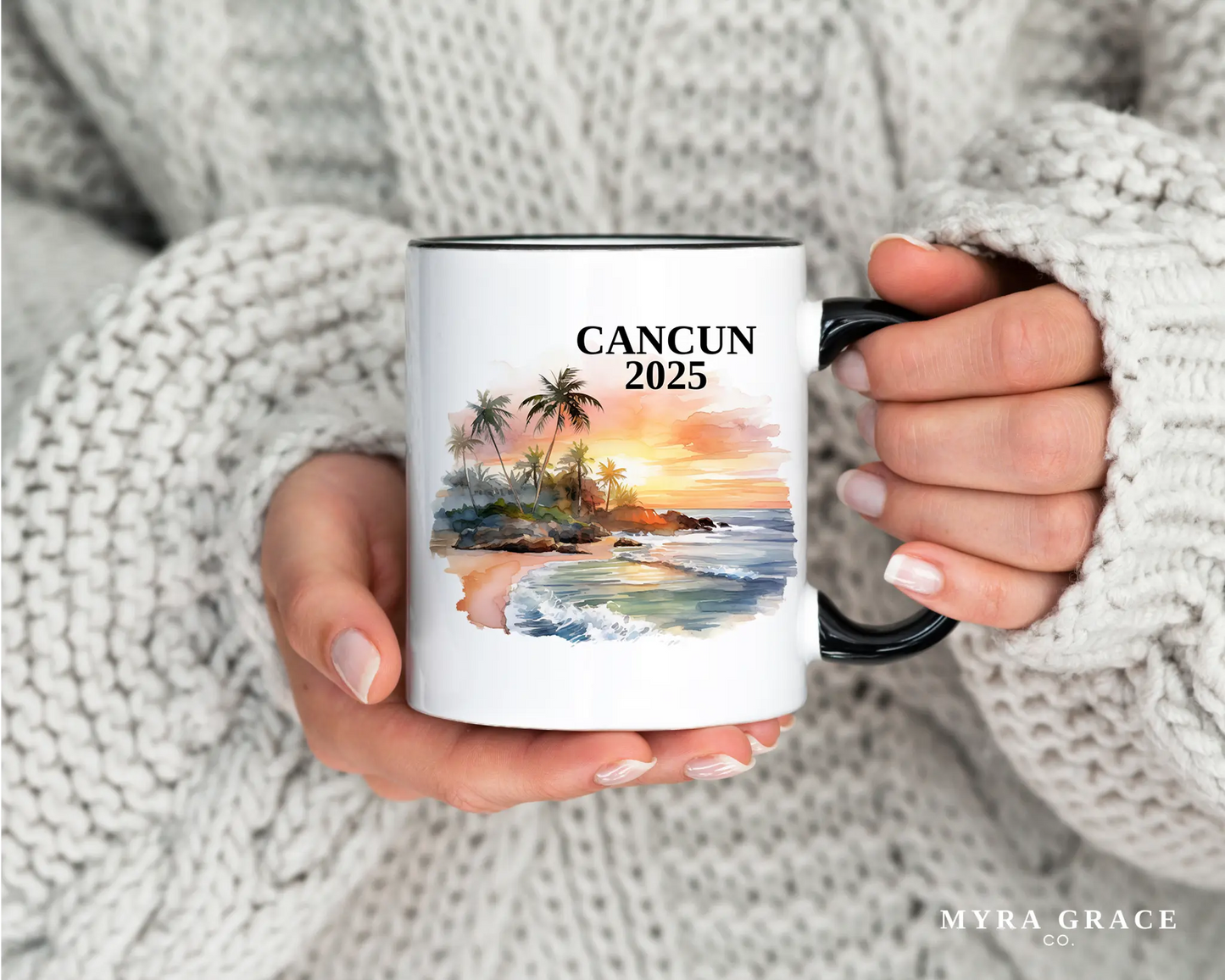 Custom ceramic Cancun Mexico vacation mug with watercolor location design, date, and personal photo – personalized travel gift or photo mug. 