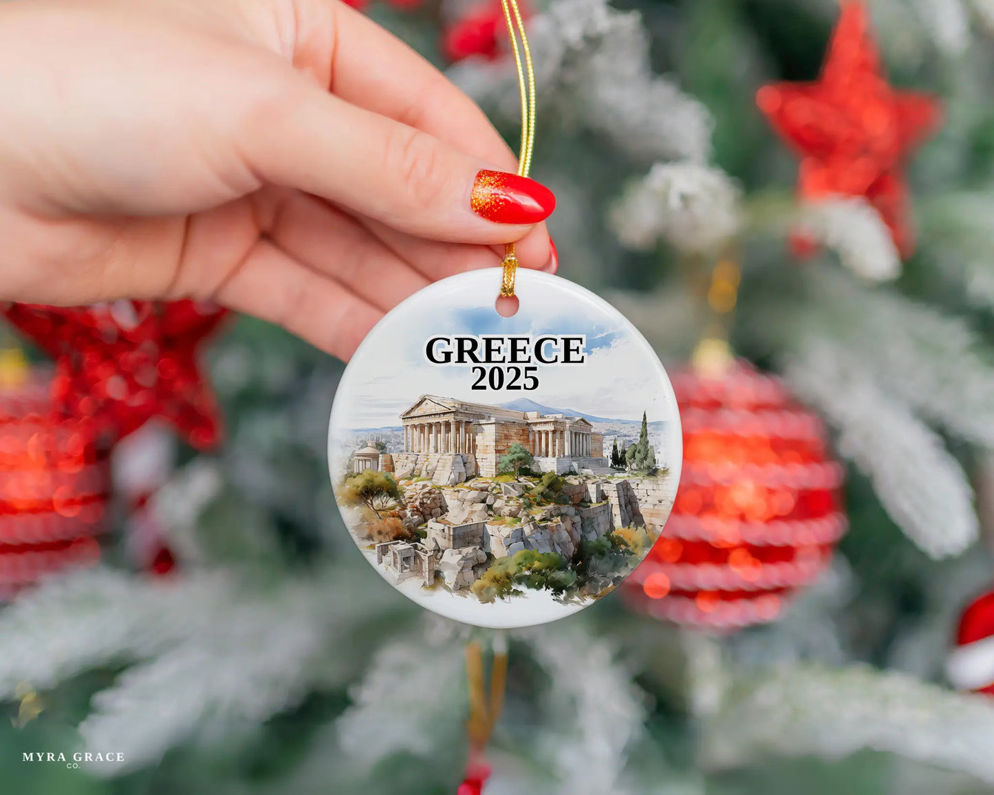Custom Athens Greece ceramic photo ornament with personalized message – handmade Christmas bauble, gift souvenir, or vacation keepsake.  
