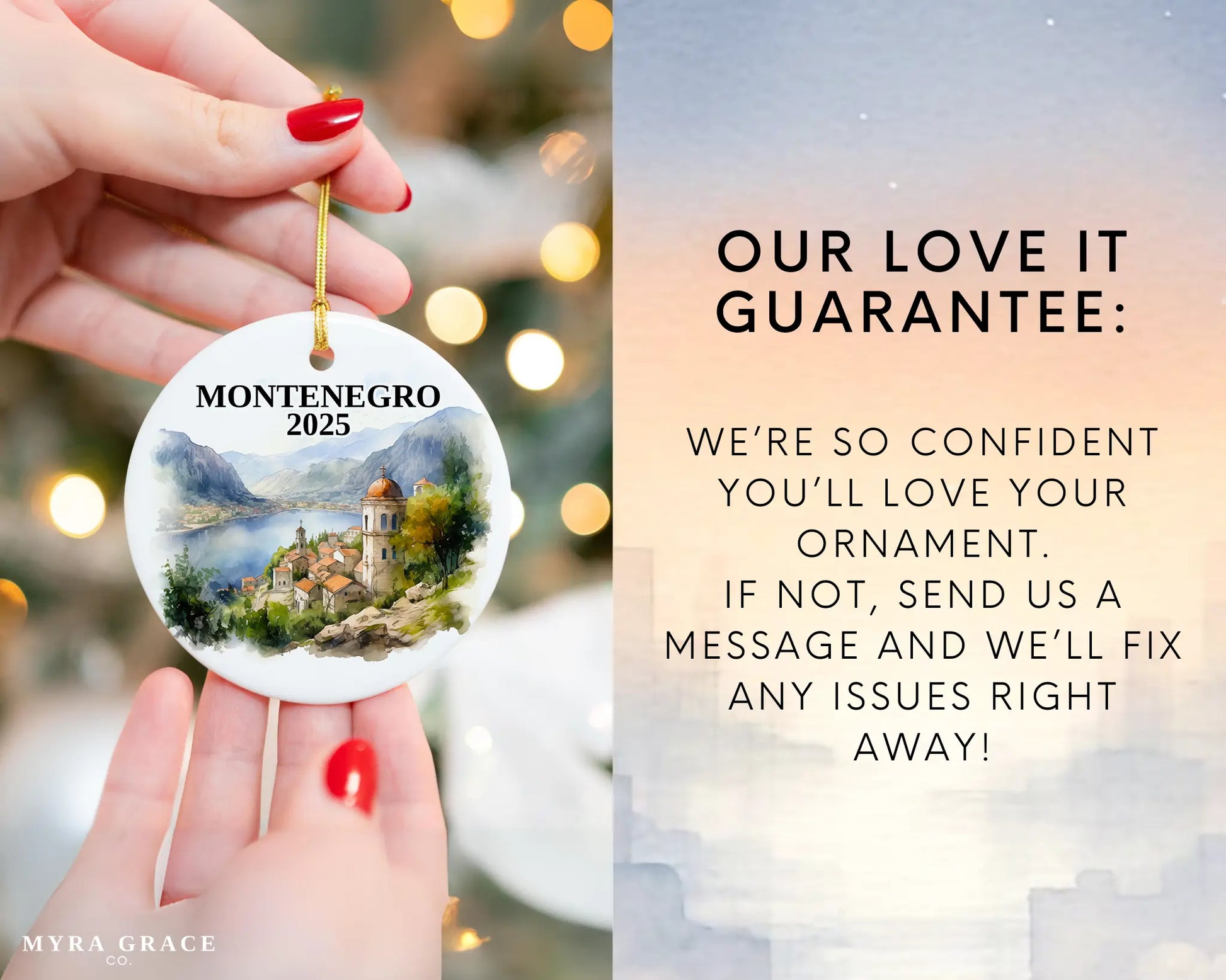 Custom Montenegro ceramic photo ornament with personalized message – handmade Christmas bauble, gift souvenir, or vacation keepsake.  Love it guarantee
