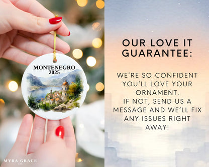 Custom Montenegro ceramic photo ornament with personalized message – handmade Christmas bauble, gift souvenir, or vacation keepsake.  Love it guarantee