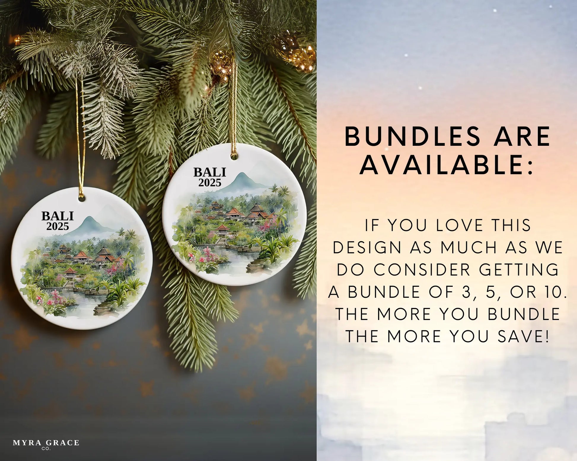 Custom Bali ceramic photo ornament with personalized message – handmade Christmas bauble, gift souvenir, or vacation keepsake. Bundle are available