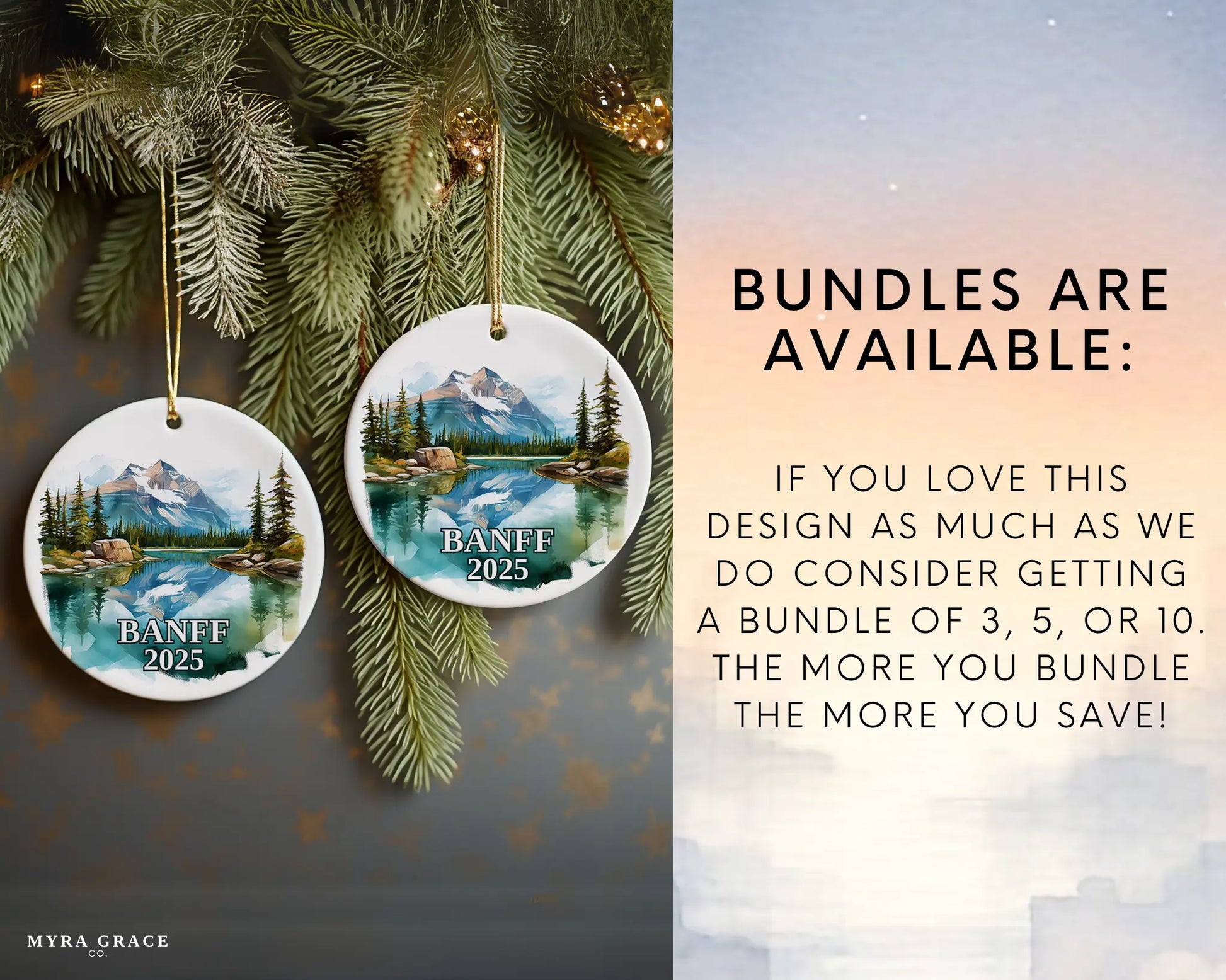 Custom Banff, Canada ceramic photo ornament with personalized message – handmade Christmas bauble, gift souvenir, or vacation keepsake. Bundle available