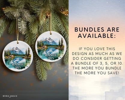 Custom Banff, Canada ceramic photo ornament with personalized message – handmade Christmas bauble, gift souvenir, or vacation keepsake. Bundle available