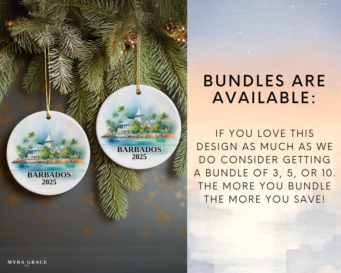 Custom Barbados ceramic photo ornament with personalized message – handmade Christmas bauble, gift souvenir, or vacation keepsake. Bundles available