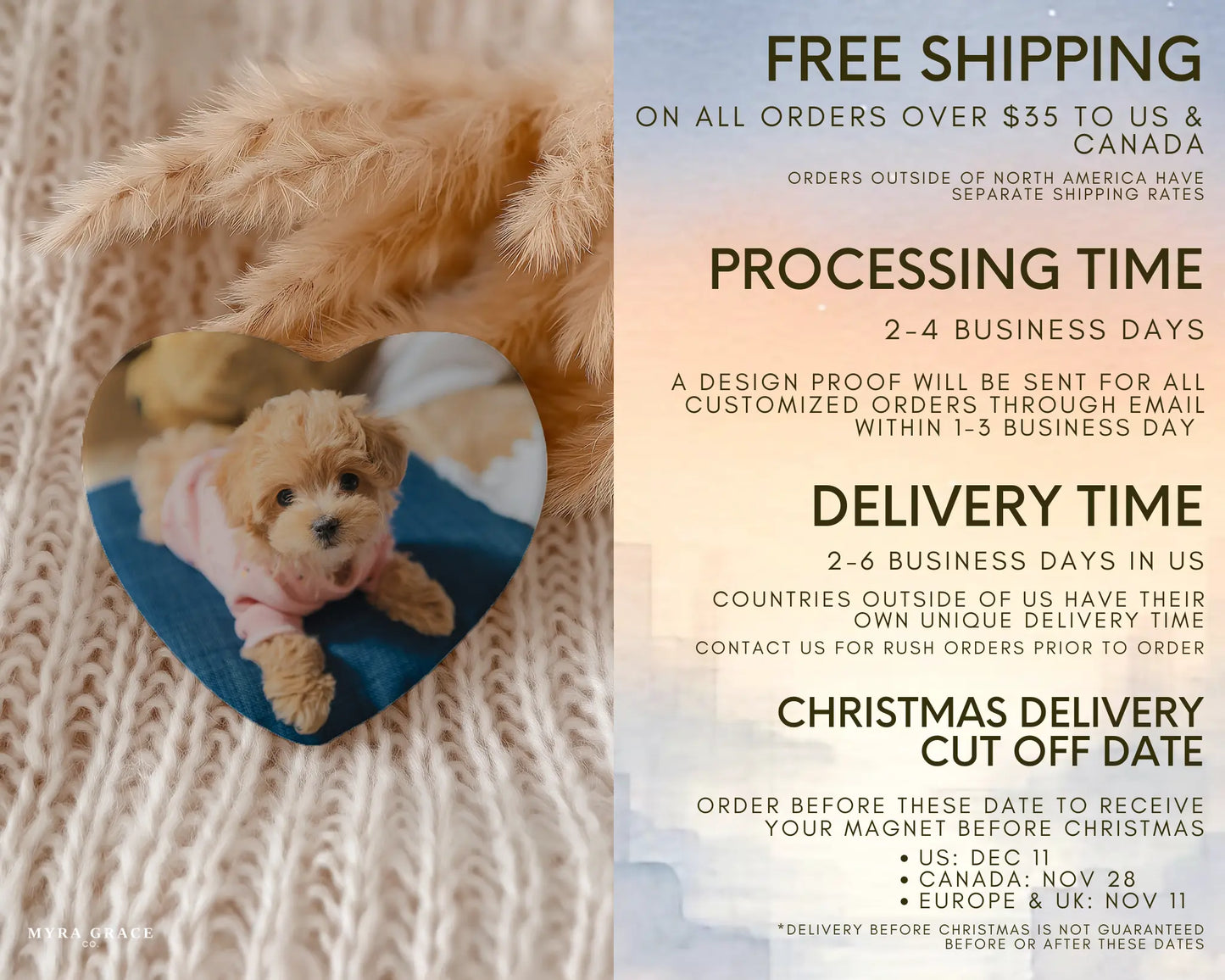 Heart-shaped custom puppy ceramic photo magnet on fridge – handmade personalized gift or Christmas fridge magnet. Free shipping