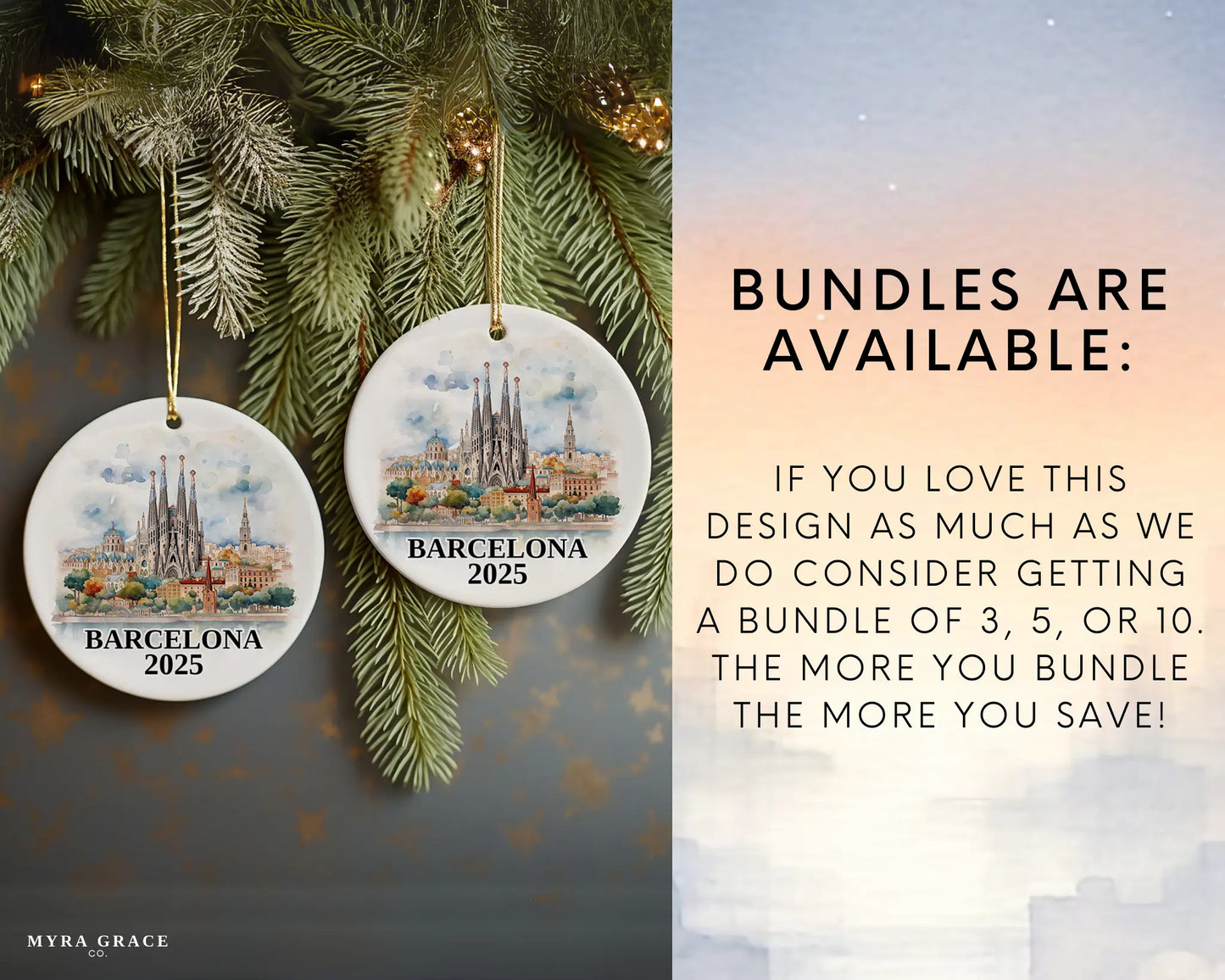 Custom Barcelona, Spain ceramic photo ornament with personalized message – handmade Christmas bauble, gift souvenir, or vacation keepsake. Bundles available