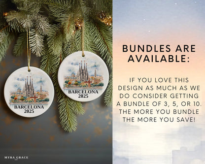 Custom Barcelona, Spain ceramic photo ornament with personalized message – handmade Christmas bauble, gift souvenir, or vacation keepsake. Bundles available