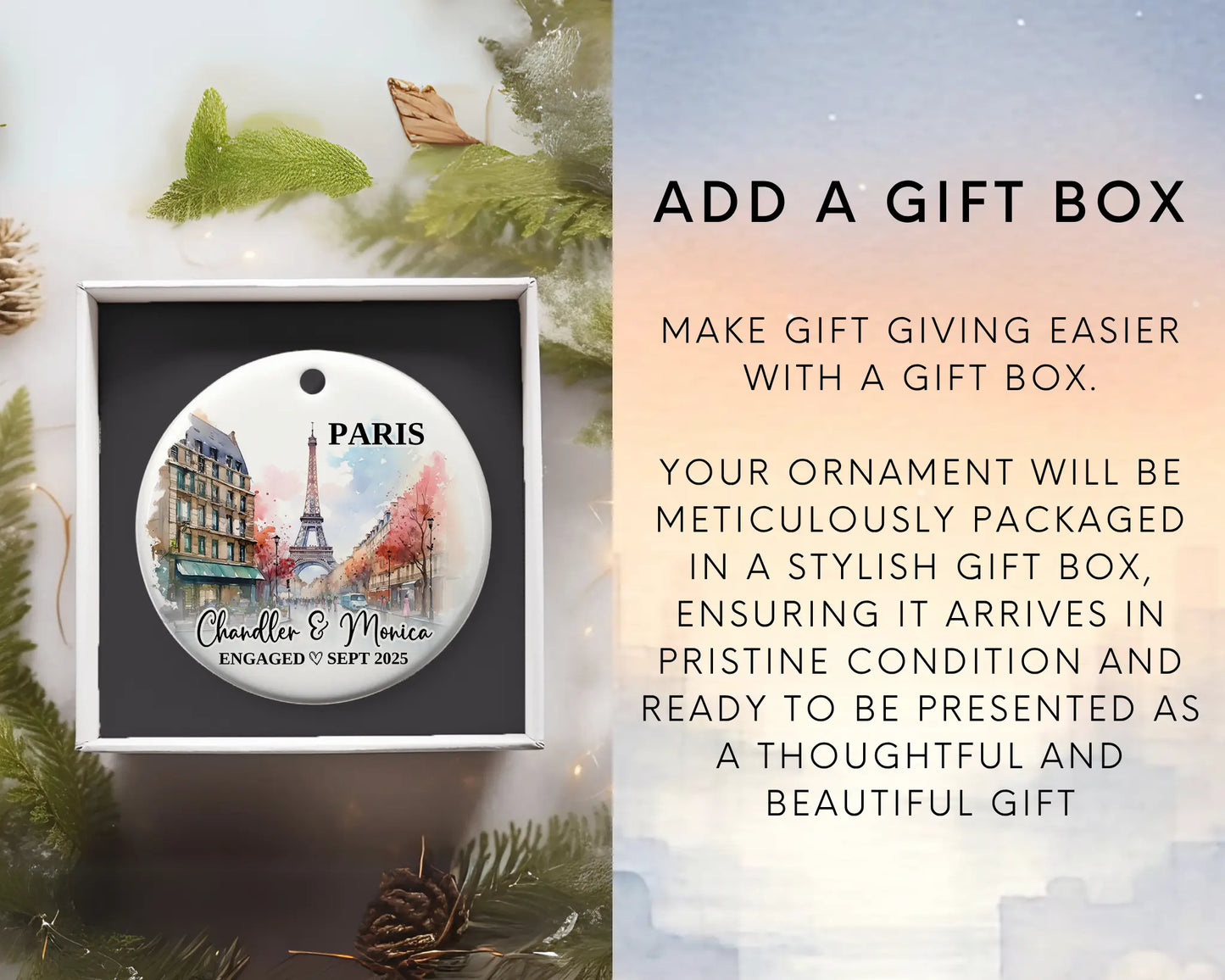 Paris Engagement Ornament Custom Gift Souvenir Bauble Present. Add gift box