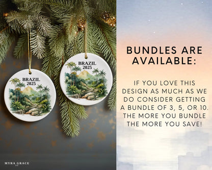 Custom Brazil ceramic photo ornament with personalized message – handmade Christmas bauble, gift souvenir, or vacation keepsake. Bundles available